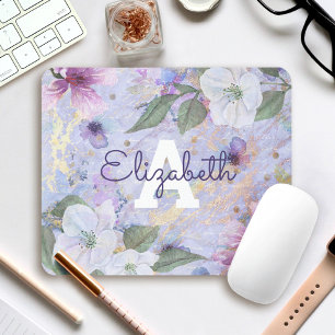 Mousepad Monograma floral de cor púrpura azul