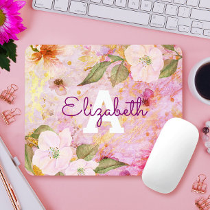 Mousepad Monograma floral de cor púrpura cor-de-rosa