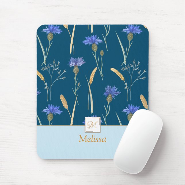 Mousepad Monograma Floral de Flores Azuis (Com mouse)