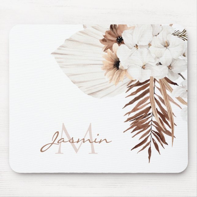 Mousepad Monograma Floral de Grama Pampas Boho Rústico (Frente)