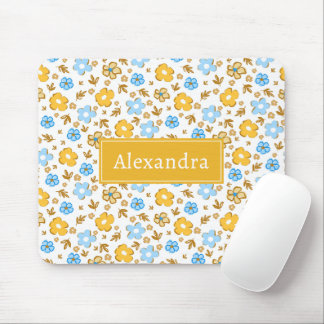 Mousepad Monograma Floral Ditsy de Primavera Azul Amarelo