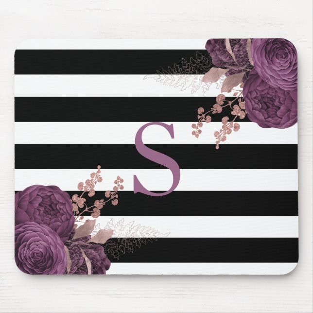 Mousepad Monograma Floral Dourado com Rosa de ameixa Negra (Frente)
