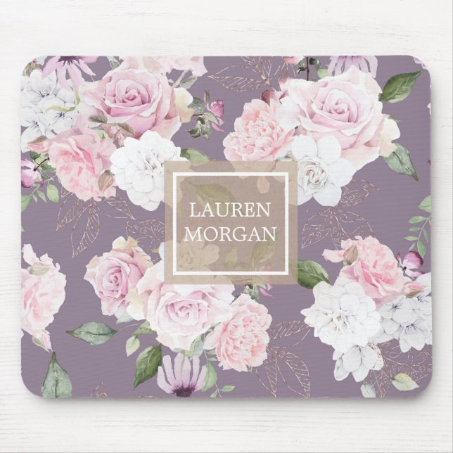 Mousepad monograma floral elegante de rosa jardim (Frente)
