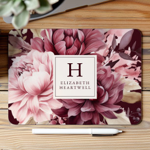 Mousepad Monograma Floral em Aquarela Burgundy Elegante