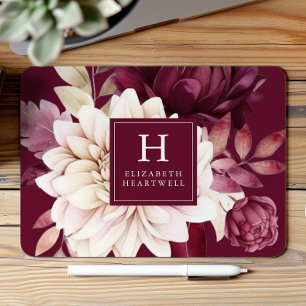 Mousepad Monograma Floral em Aquarela Marfim Borgonha Elega