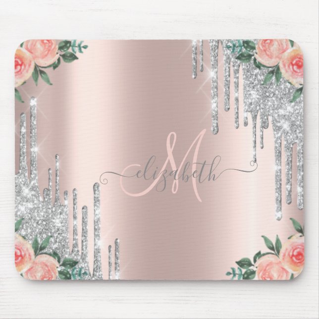 Mousepad Monograma Floral em Rosa Dourado com Pingos de Bri (Frente)
