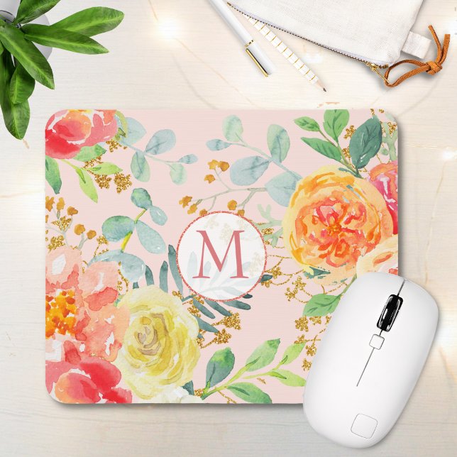 Mousepad Monograma Floral Eucalyptus Glitter Cor de Rosa Es (Criador carregado)