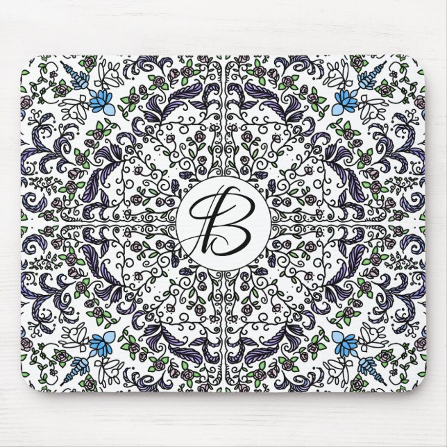 Mousepad Monograma floral intricado boêmico (Frente)