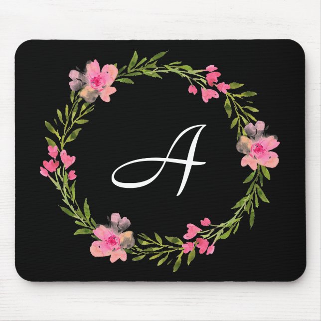 Mousepad Monograma Floral Preto Inicial (Frente)