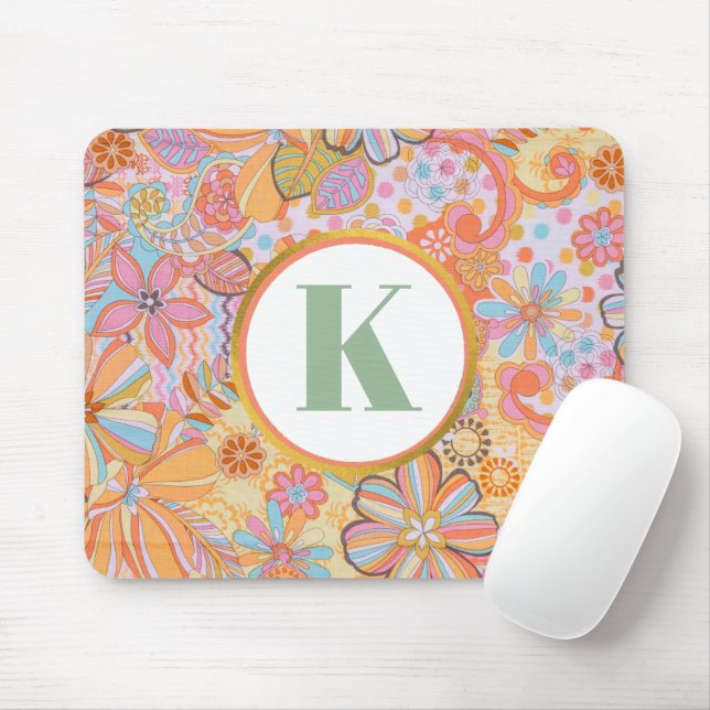 Mousepad Monograma Floral Retro Padrão Groovy (Com mouse)
