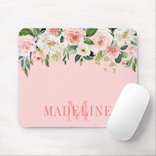 Mousepad Monograma Floral Rosa Cor de Água Moda Moderna