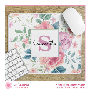 Mousepad Monograma Floral Rosa Personalizável