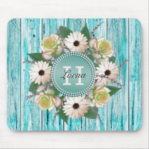 Mousepad Monograma floral rústico da madeira do celeiro
