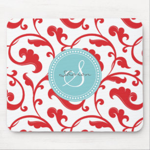 Mousepad Monograma floral vermelho feminino elegante do