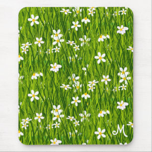 Mousepad Monograma, Flores Brancas e Folhas Verdes