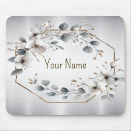 Mousepad Monograma Flores brancas Ouro Prata