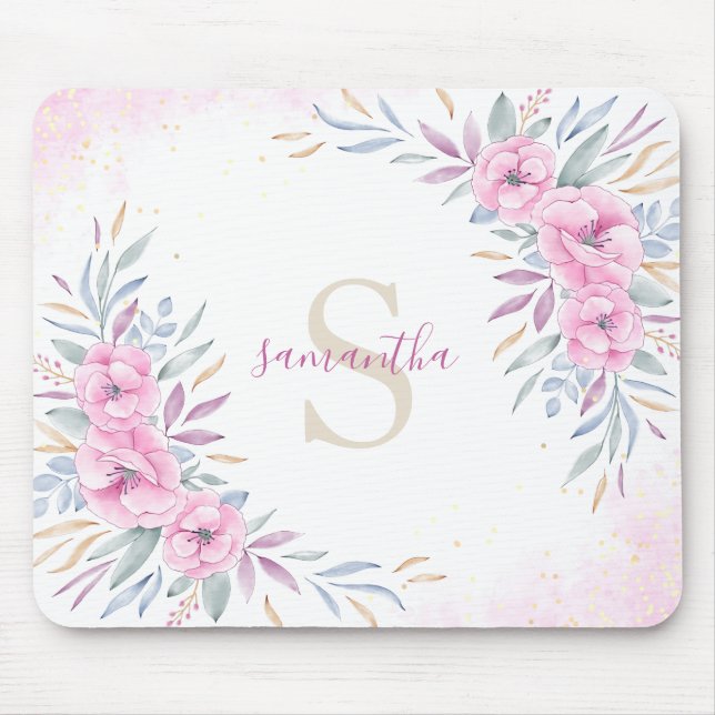 Mousepad Monograma Flores Rosa Escamufladas Aquarelas Boho (Frente)
