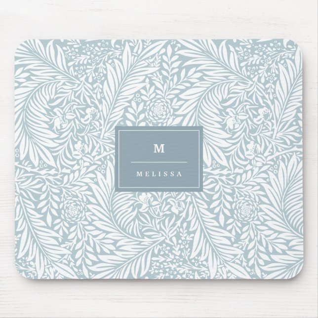 Mousepad Monograma Folhagem Floral Dusty Azul Elegante Bran (Frente)