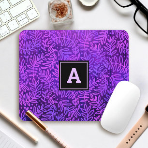 Mousepad Monograma folhagem moderna deixa padrão roxo