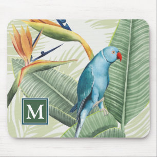 Mousepad Monograma Folhas De Palma Com Pássaro Azul