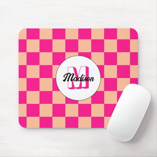 Mousepad Monograma geométrico de cor-de-rosa-quente, verifi (Com mouse)