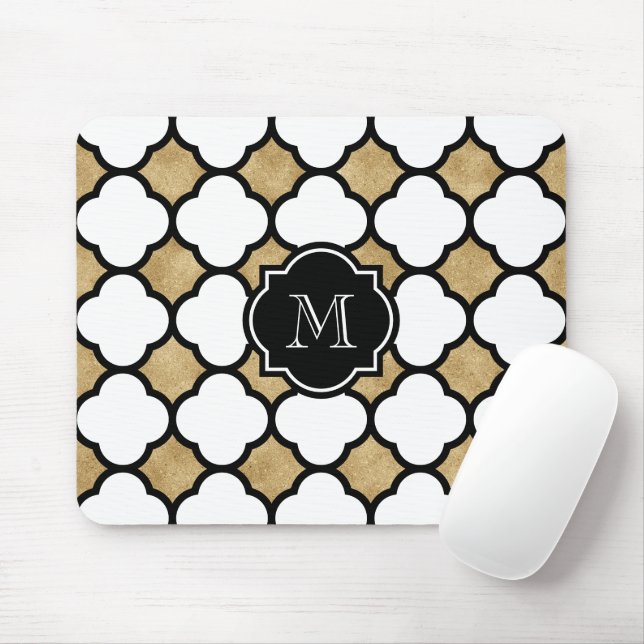 Mousepad Monograma Geométrico Dourado Branco Quatrefol (Com mouse)