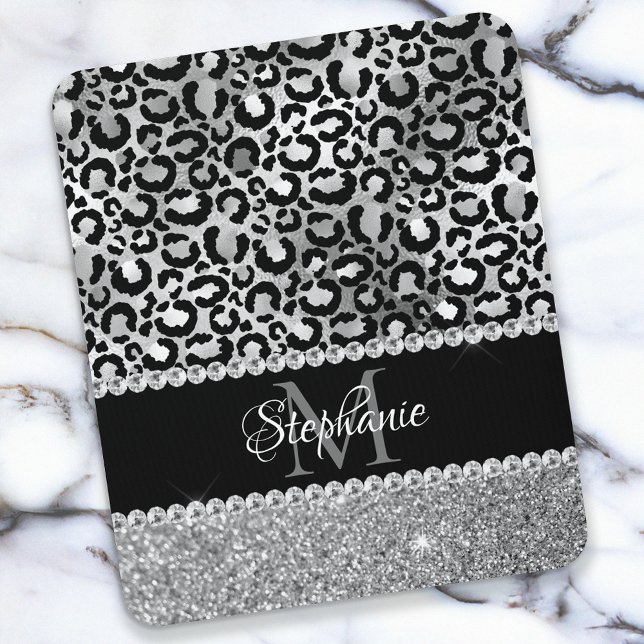 Mousepad Monograma Glamour Feminino Leopardo Preto e Prata (Criador carregado)