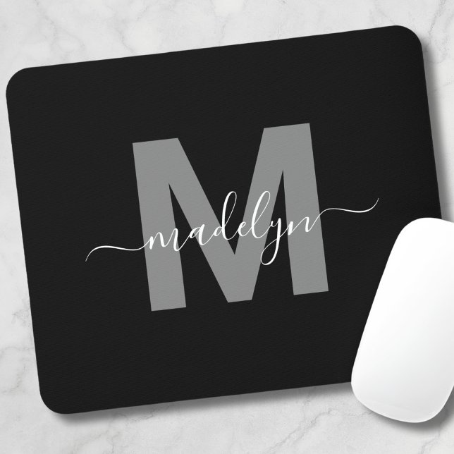 Mousepad Monograma Glamouroso Nome Preto Branco (Glamorous Black White Name Monogram Mouse Pad)