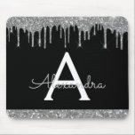 Mousepad Monograma Glitter Glitter de Prata Negra<br><div class="desc">Chic Modern Black and Silver Modern Sparkle e Driping Glitter Girly Monographic Name Monograma Mousepad. Este Mousepad Elegante Chic pode ser personalizado para incluir seu primeiro nome e inicial.</div>