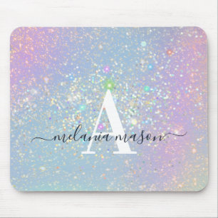 Mousepad Monograma Holográfico Glitter Elegante de Faíscas 