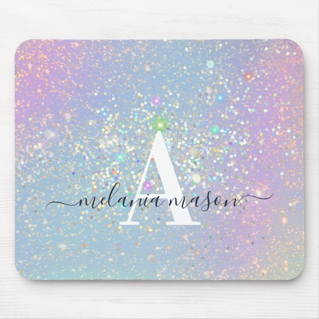 Mousepad Monograma Holográfico Glitter Elegante de Faíscas  (Frente)