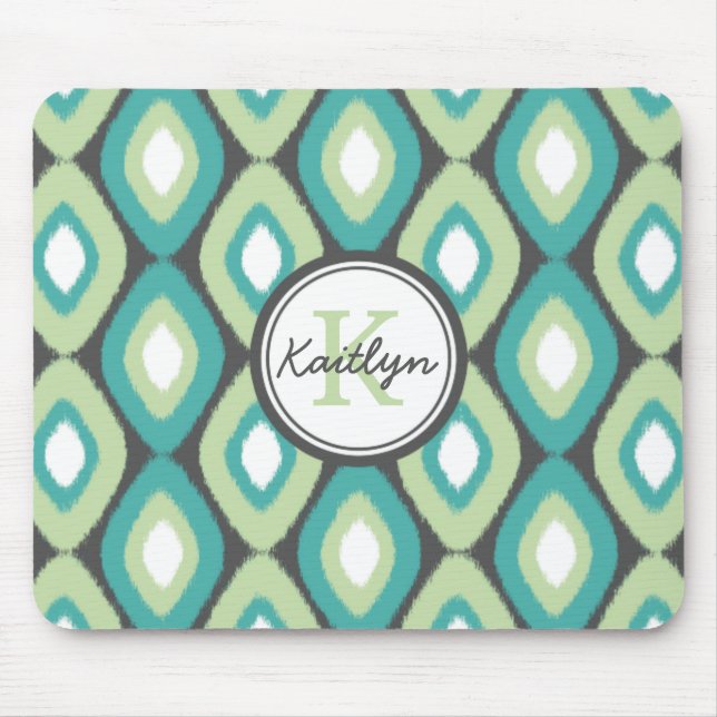 Mousepad Monograma Ikat Diamantes Padrão Mint (Frente)