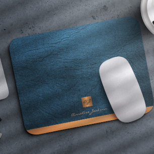 Mousepad Monograma inicial de ouro azul Elegante