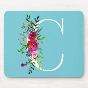 Mousepad Monograma Inicial Floral de Letra C Cor Personaliz