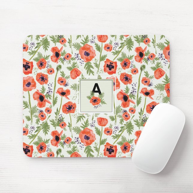 Mousepad Monograma Laranja Papagaio Padrão Floral (Monogram Orange Poppies Floral Pattern Mouse Pad from Studio Posies. )
