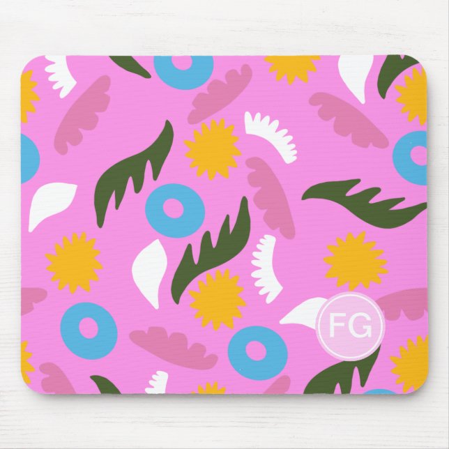 Mousepad monograma lindo padrão floral rosa ousado  (Frente)