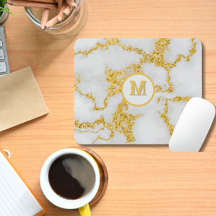 Mousepad Monograma M Elegante White e Dourado Padrão Marble