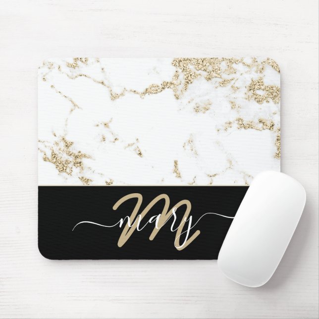 Mousepad Monograma Marble Elegante Dourado Branco Traseiro (Com mouse)