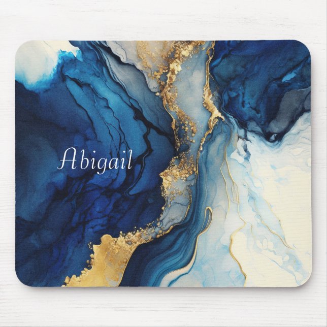 Mousepad Monograma Marinho Azul Agate Dourado Marble Waterc (Frente)