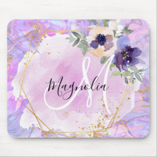 Mousepad Monograma Mármore Arco-Íris Roxo, Rosa e Dourado F