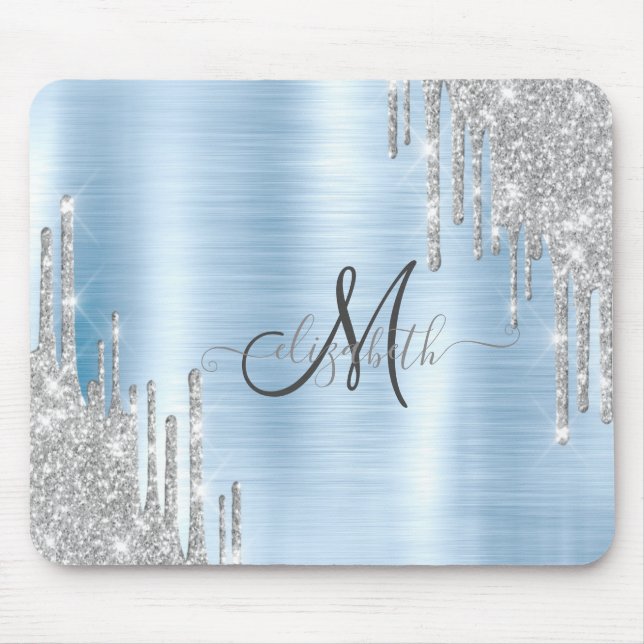Mousepad Monograma Metálico Azul com Pingos de Brilho Prate (Frente)