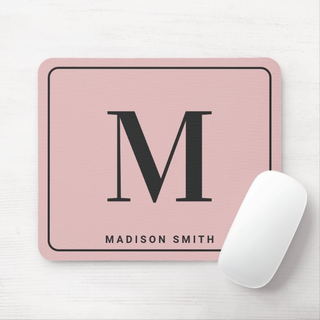 Mousepad Monograma Minimalista Moderno com Nome - Rosa Bege (Com mouse)