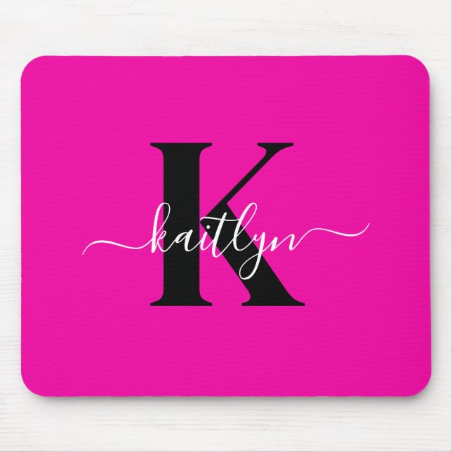 Mousepad Monograma Moderna em Preto e Rosa Choque (Frente)