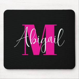 Mousepad Monograma Moderno Branco e Rosa Quente Preto