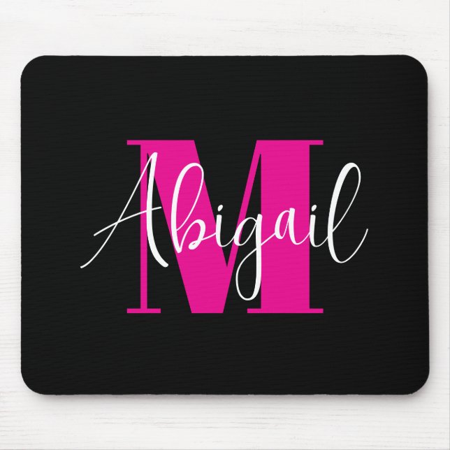 Mousepad Monograma moderno branco e rosa quente preto (Frente)