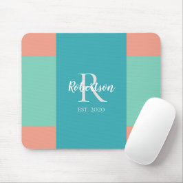 Mousepad Monograma moderno da família Teal, Azul e Rosa-Cor