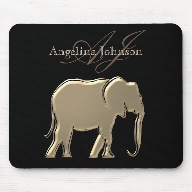 Mousepad Monograma Moderno de Elefante de Folha Negra e Our (Frente)