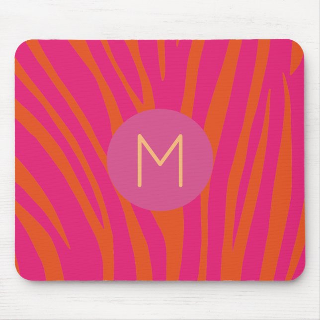 Mousepad Monograma Moderno de Zebra Rosa e Laranja Stripe (Frente)