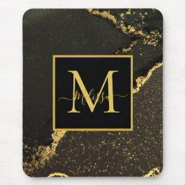 Mousepad Monograma moderno Dourado e preto marmoreado