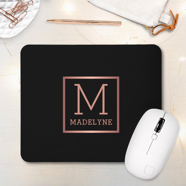 Mousepad Monograma Moderno Elegante Dourado Rosa preto (Criador carregado)